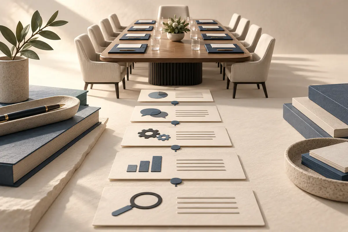 A long miniature boardroom table with neatly prepared matching briefing folders and an orderly sequence of agenda cards leading toward it, serious governance preparation.