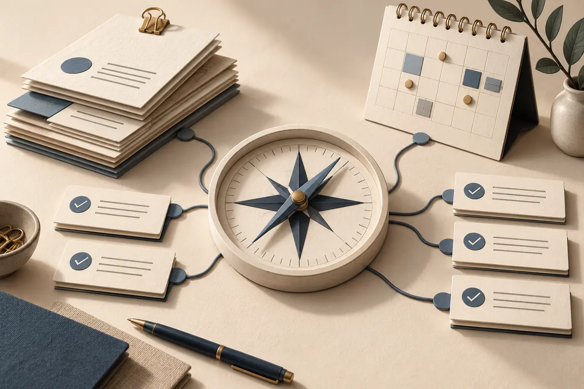 A central compass coordinating multiple neatly stacked priority briefs, a meeting calendar and branching checked task cards like a chief of staff organizing work.