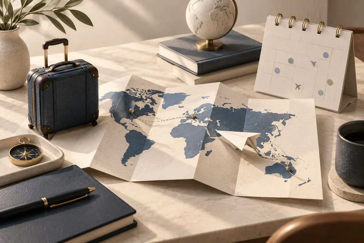 A miniature suitcase, a folded world map, paper airplane and appointment calendar arranged into a seamless travel itinerary on an executive desk.
