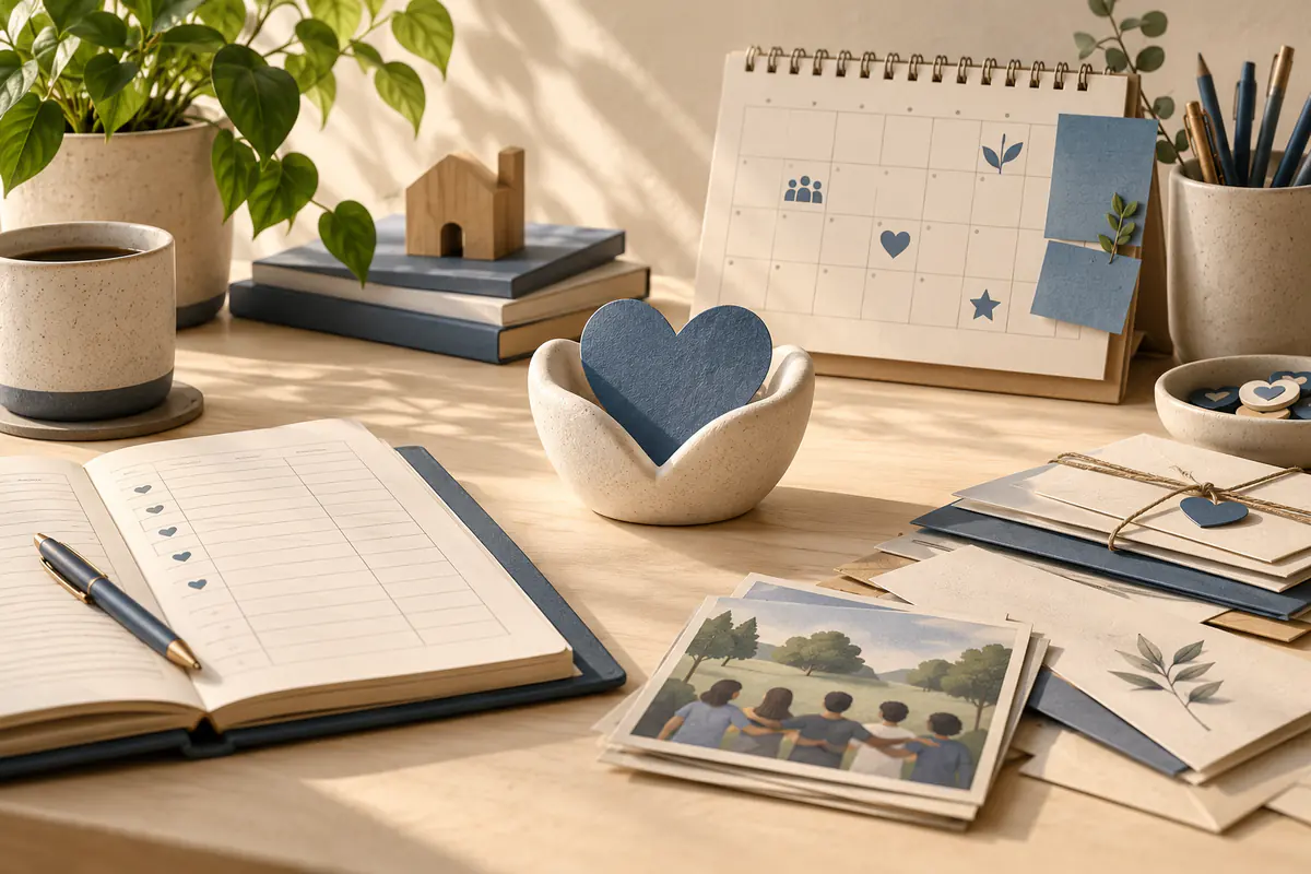 A nonprofit director's desk with a small paper heart held in a ceramic cradle, donation ledger, community-event calendar and carefully arranged correspondence.