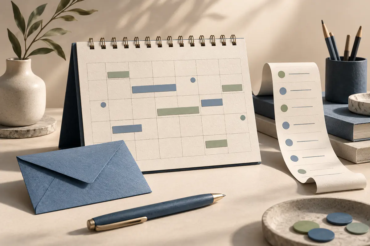 A paper calendar connects to a blue envelope and an aligned task ribbon beside appointment markers.