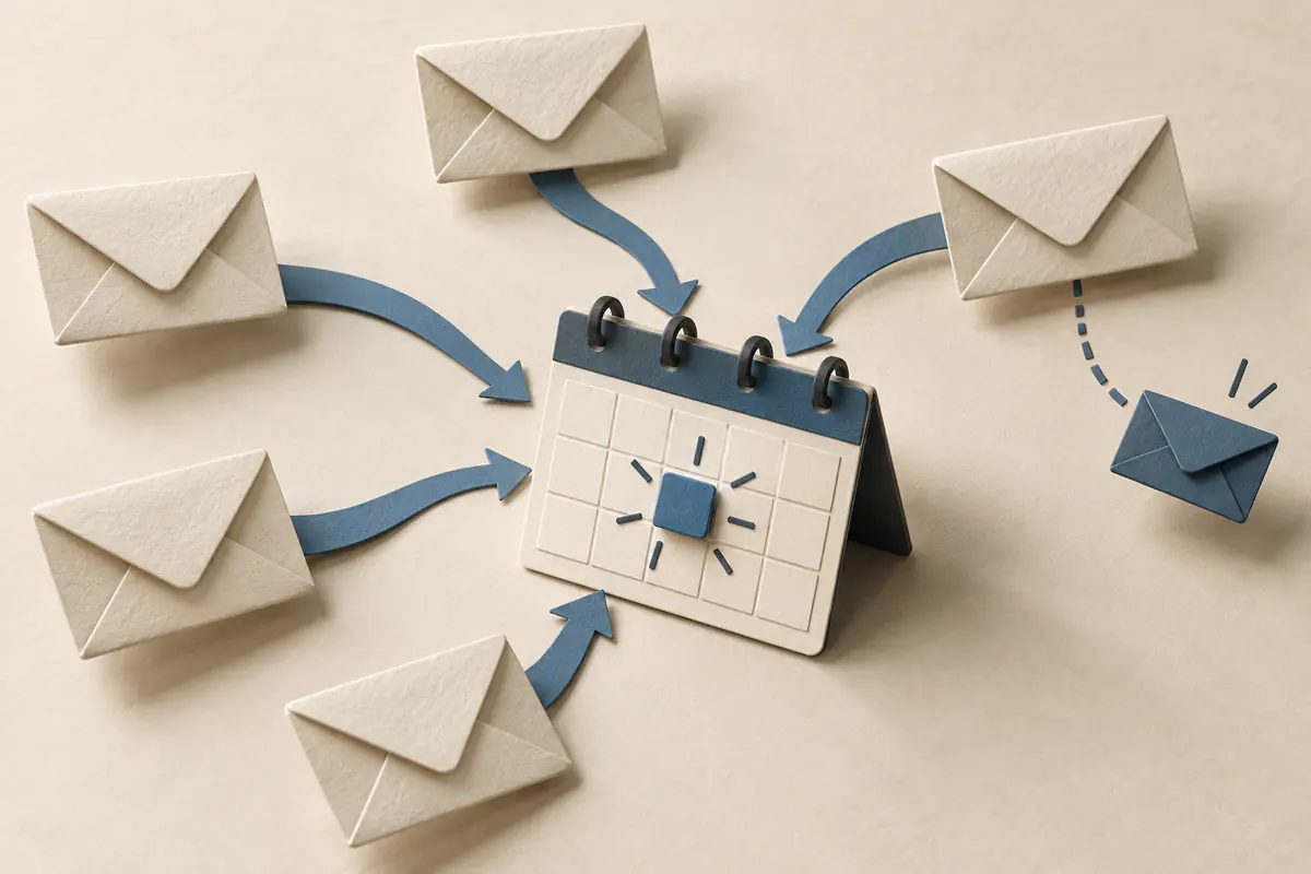 Several correspondence envelopes converging on one central calendar appointment, a small copied-envelope shape branching alongside the main letter, scheduling by copying an assistant into email.