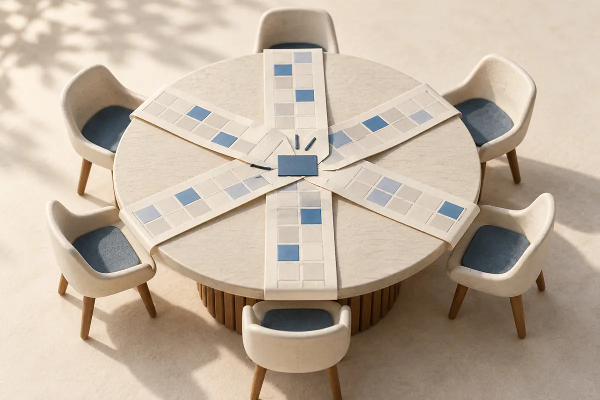 Six small ceramic seat markers surrounding a round meeting table with several overlapping calendar strips meeting at a single shared appointment tile.