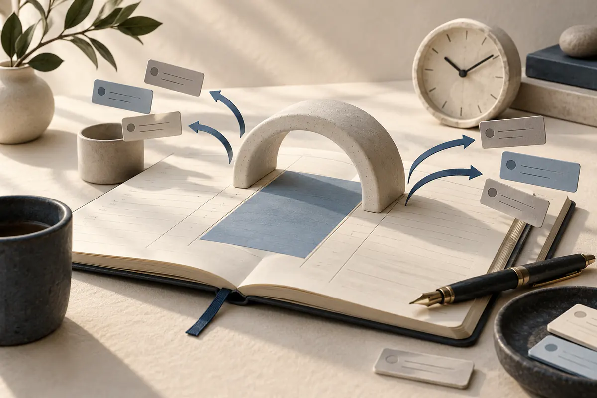 A wide protected focus-time block on an open planner sheltered beneath a small ceramic arch, tiny incoming appointment tiles redirected around it, a fountain pen and quiet clock nearby.