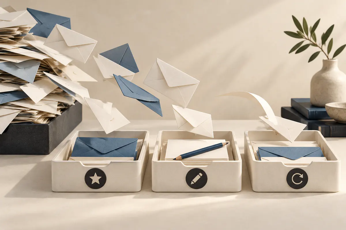 A paper cascade of envelopes being sorted into three elegant trays, one for priority, one with a pencil for drafts and one with a small looping follow-up arrow.