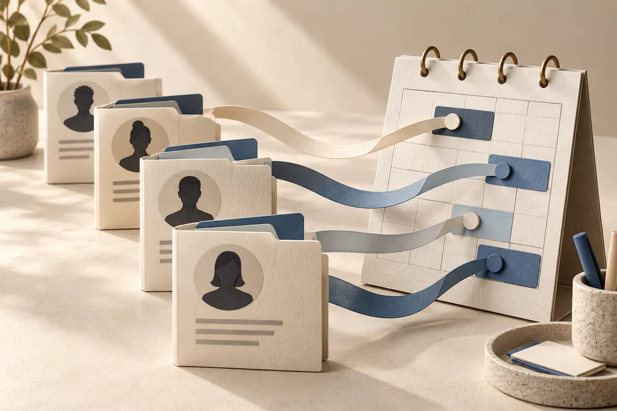 Candidate profile folders with simple neutral silhouette glyphs arranged beside an interview calendar, a paper ribbon routing each to different appointment slots.