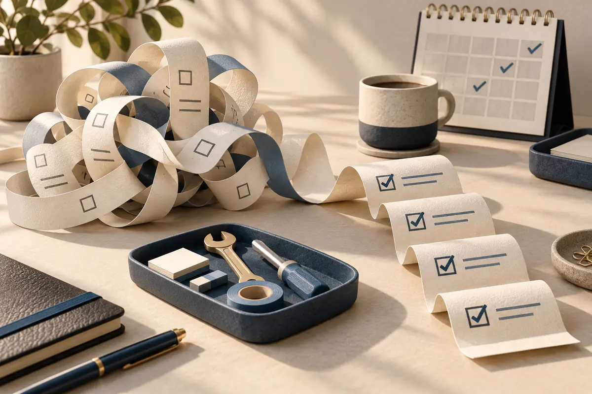 A few tangled paper task ribbons being untangled into a neat checked sequence on an executive desk, a small repair toolkit and calendar suggesting common assistant mistakes corrected.