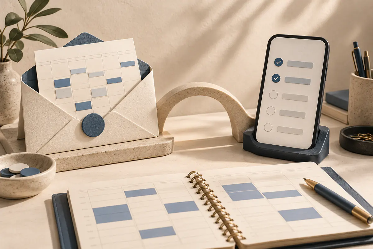 A coordinated calendar envelope and phone task hub beside a planner with reserved focus-time blocks, a neutral bridge between both work styles.