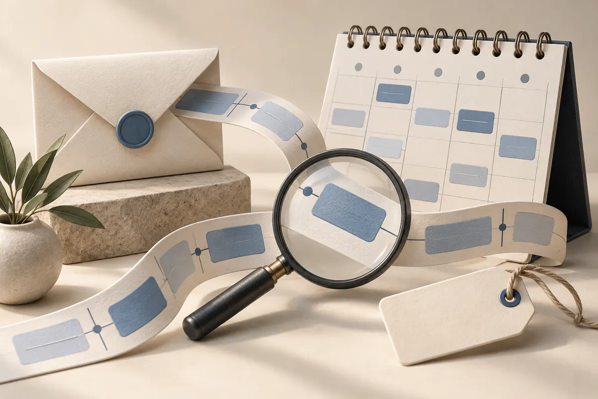 A refined email envelope and weekly calendar linked by a looping appointment ribbon, a magnifier over the task path and a modest blank price tag, an evidence-focused scheduling-assistant review.